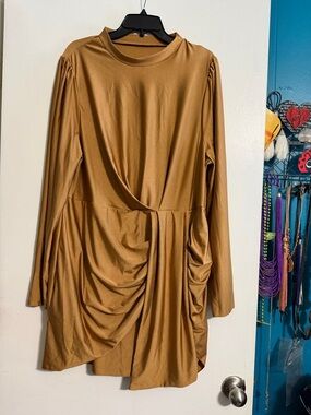 SHEIN Long Sleeve Ruched Satin Dress in Camel